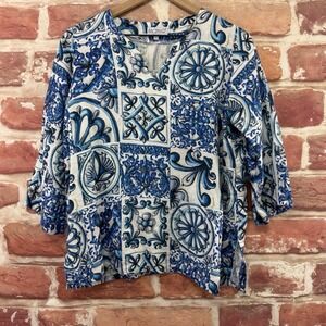 Sagimar Top Women's XL Blue White Linen Boho Floral Patchwork Shirt Italy